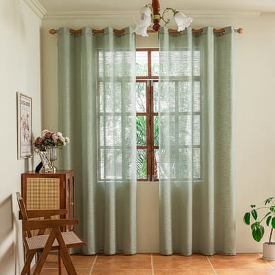Qelus Set Van 2 Inbetween Gordijnen Linnenlook - 175GSM Vitrage met Ringen - Kant en Klaar Lichtdoorlatend & Privacy - Woonkamer - 2 Stuks - Saliegroen - 140x213cm