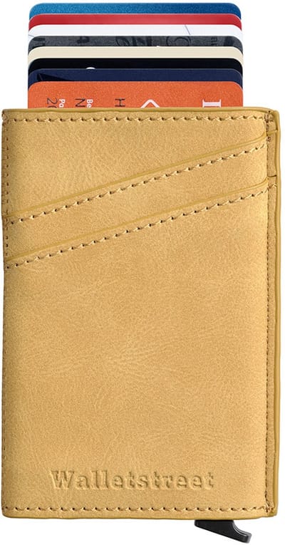 Walletstreet Uitschuifbare Pasjeshouder - Walletstreet Lederen Creditcardhouder Card Protector Anti-Skim/ RFID Card Protector 11 Pasjes – Camel brown/light cognac