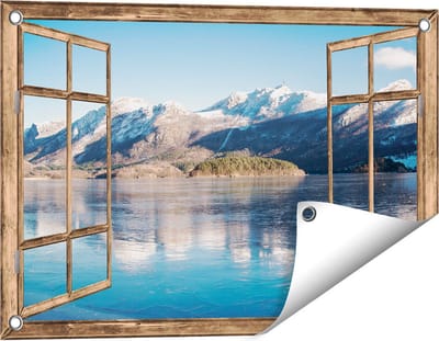 Gards Tuinposter Doorkijk Meer bij het Bergen Landschap in Noorwegen - 60x40 cm - Tuindoek - Tuindecoratie - Wanddecoratie buiten - Tuinschilderij