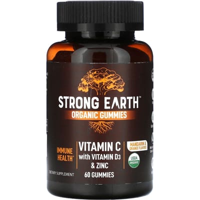 YumVs, Strength Earth biologische gummies, vitamine C met vitamine D3 en zink, mandarijn & sinaasappel, 60 gummies