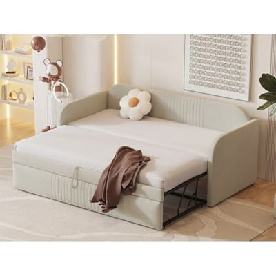 ModernLuxe Onderschuifbed 90/180x190 cm - slaapbank in linnenstof - met lattenbodem - Beige