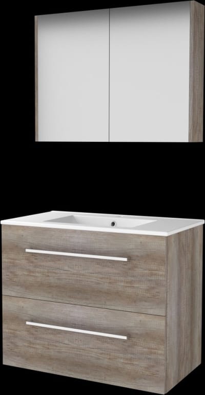 Basic Comfort 46 badmeubelset met spiegelkast, wastafelonderkast met grepen, 2 lades en porseleinen wastafel met 1 kraangat 80 x 46 cm, scotch oak