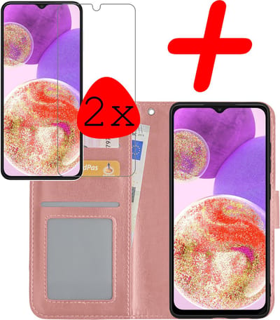 Hoesje Met 2x Screenprotector - Geschikt voor Samsung Galaxy A23 - Luxe Pasjeshouder - Bookcase Portemonee - Flip Case - Kunstleer Book Case - Flipcase Hoes - Book Cover - Walletcase - Portemonneehoes - Rosé goud