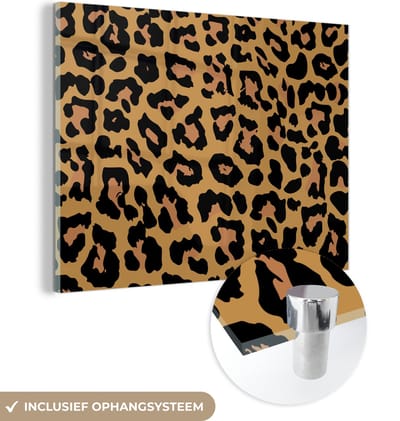 MuchoWow® Glasschilderij 120x90 cm - Schilderij acrylglas - Panterprint - Dieren - Bruin - Foto op glas - Schilderijen
