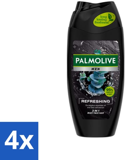 4 x Palmolive Men 3-in-1 Body Face Hair Refreshing Etherische Eucalyptusolie Zeezoutextract 250 ml - Douchegel Voor Mannen - Verfrissende Douchegel - Fris En Verzorgend - Citrus En Eucalyptus - Glycerine