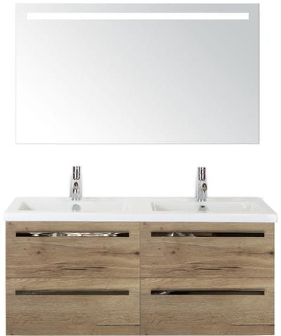 Seville Badmeubelset 120 cm - 4 Laden Natuur Eiken - Wastafel Djazz Dubbel met Sence Spiegel