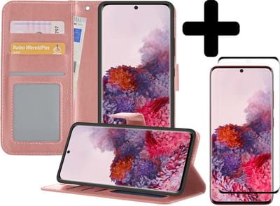 Hoesje - Met Screenprotector - Geschikt voor Samsung Galaxy S20 - Luxe Pasjeshouder - Bookcase Portemonee - Flip Case - Kunstleer Book Case - Flipcase - Book Cover - Walletcase - Portemonneehoes - Telefoonhoesjes - Rosé goud