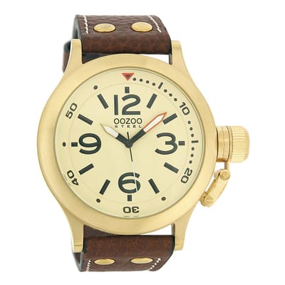 OOZOO Timepieces - Goudkleurige horloge met bruine leren band - OS040