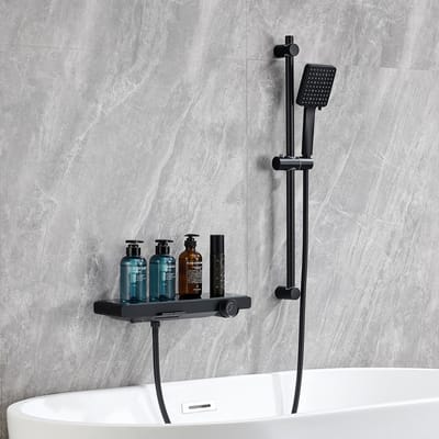 Auralum Max Pianotoetsen Doucheset met Badkraan - Piano button - 2 Functies - Mengkraan met Groot Opbergplatea - Handdouche met 6 functies - 70 cm Verstelbare Douchestang - Complete set - Zwart