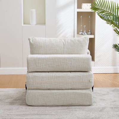 Opklapbare slaapbank, Slaapbank met kussens, Opvouwbaar matras met rugleuning, Draagbare klapbank, Comfortabele vloersofa voor woonkamer en slaapkame- Beige