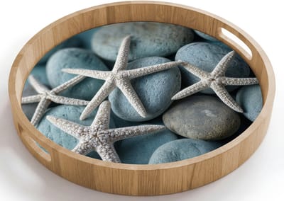 Dienblad rond 40x40 cm - Schootdienblad hout - Zeesterren - Stenen - Wit - Borrelplank rechthoek - Plateau houten dienbladen