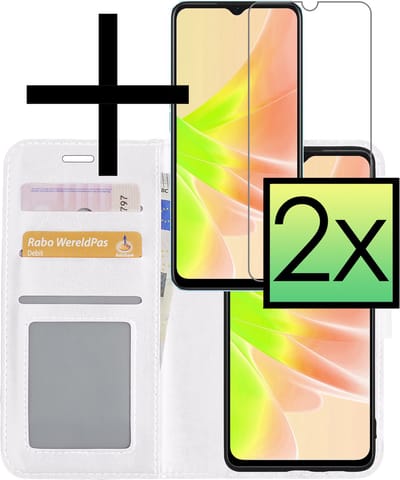 Hoesje - Met 2x Screenprotector - Geschikt voor OPPO A17 - Luxe Pasjeshouder - Bookcase Portemonee - Flip Case - Kunstleer Book Case - Flipcase Hoes - Book Cover - Walletcase - Portemonneehoes - Wit