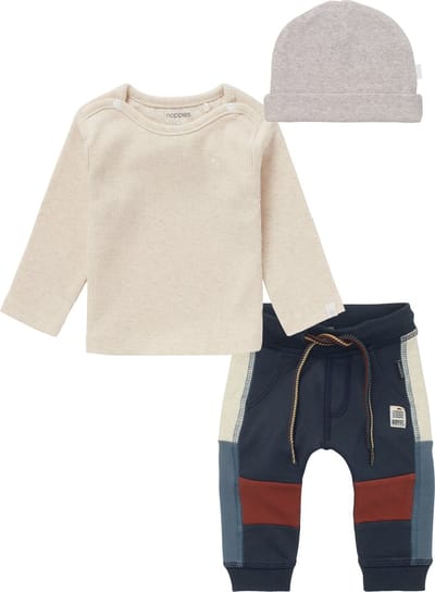 Noppies - Kledingset - 3 delig - Joggingboek Rochdale blauw met vlakken - shirt Natal oatmeal - Muts nevel Taupe - Maat 62