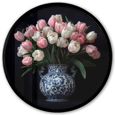 Poster in lijst Rond - Fotolijst 40x40 cm - Posters - Bloemen - Roze - Tulpen - Vaas - Ronde posterlijst zwart - Decoratie - Wanddecoratie woonkamer - Muurdecoratie slaapkamer