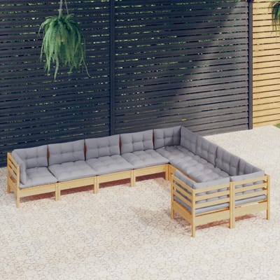 vidaXL - 9-delige - Loungeset - met - grijze - kussens - grenenhout