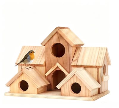 KZQ Vogelhuisje hangend groot - Handgemaakt houten nestkast met 6 openingen voor kolibries - Buiten voeder- en nestgelegenheid - Voor tuin, balkon, terras