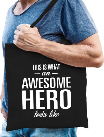 Awesome hero / held cadeau katoenen tas zwart voor heren - zorgpersoneel kado / tasje / shopper