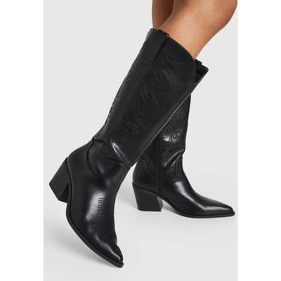 boohoo Dames Wijde Pasvorm Geborduurd Western Laarzen | Zwart | Maat: 37