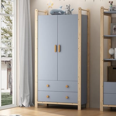 Pugsdrly Kast met 2 deuren, kast met kledingroede, 2 lades, geschikt voor slaapkamer, woonkamer, garderobe, van spaanplaat, blauw lichaam + grenen frame, 90 × 45 × 180 cm