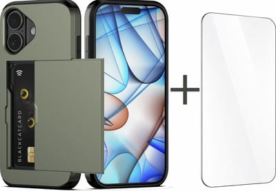 YPCd Hardcase Pasjeshouder Hoesje – Geschikt voor Apple iPhone 16 Plus – Shockproof Backcover met Verborgen Kaartvak – Inclusief Glazen Screenprotector – Groen