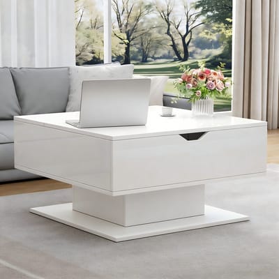 Salontafel 80x75 cm - in hoogte verstelbaar met opbergruimte - hoogglans wit - compacte lift-top tafel voor woonkamer
