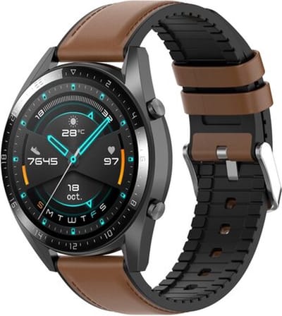 By Qubix - leer + siliconen bandje 20mm - Bruin - Geschikt voor Samsung Galaxy Watch 7 (40 & 44mm) - Galaxy Watch FE - Galaxy Watch 6 - Galaxy Watch 6 Pro - Galaxy Watch 5 - 5 Pro - Galaxy Watch 4 - 4 Classic - Active 2 - Watch 3 (41mm)