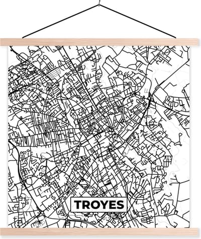 Posterhanger incl. Poster 40x40 cm - Schoolplaat - Stadskaart - Frankrijk - Kaart - Troyes - Plattegrond - Zwart wit - Textielposter - Blanke latten - Stadskaart