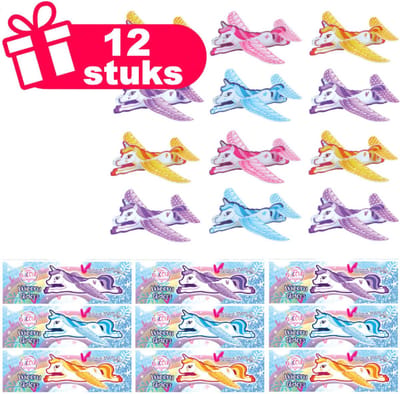 Henbrandt - 12 Stuks UNICORN Foam Vliegtuigjes Zweefvliegtuigen - Fighter Glider - Traktatie uitdeelcadeautjes voor kinderen & peuters - Traktaties en kinderverjaardagen - Klein grabbelton speelgoed voor in traktatie uitdeelzakjes