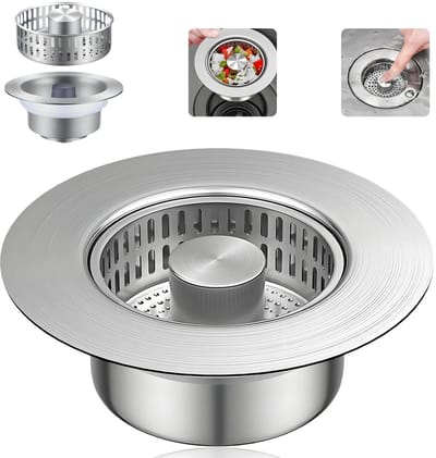 keukenspoelbak, 3-in-1 pop-up roestvrijstalen afvoerstop, wastafelstop, met anti-verstoppingsmand, gootsteenzeef, voor gootsteen diameter 71-85 mm