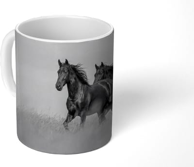 Mok - Koffiemok - Paarden - Gras - Zwart - Wit - Mokken - 350 ML - Beker - Koffiemokken - Theemok