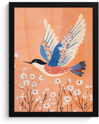 Poster in lijst - Fotolijst 30x40 cm - Posters - Vogel - Bloesemtakken - Warm - Kleurrijk - Posterlijst zwart - Decoratie - Wanddecoratie woonkamer - Muurdecoratie slaapkamer
