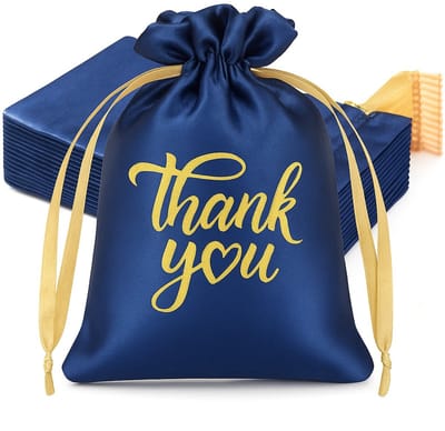 20x Satijnen Cadeau Zakjes Met Print - Satijn Zakje Met Opdruk - Zachte Cadeau Zakjes - Feestzakjes - Snoepzakjes - Uitdeelzakjes - Sieradenzakjes - Thank You Hart - 10x15cm - Navy Blauw - 20 Stuks