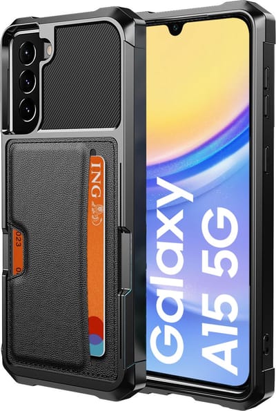 Geschikt voor Samsung Galaxy A15 - Pasjes houder Hoesje – Pasjes houder Hoesje - Heavy Duty Case - Magnetisch Portemonnee Hoesje Cover - Zwart