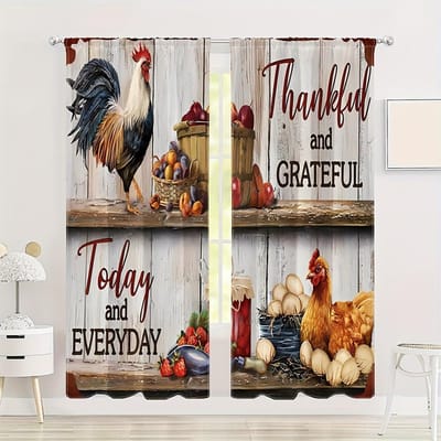 2-luiks Boerderij Schattige Hond Kat Kleine Haan Kip Patroon Print Gordijn Digitaal Bedrukt Polyester Gordijn voor Woonkamer Keuken Slaapkamer Ruimte Eetkamer 2x50W100H(CM)&Grommet Top