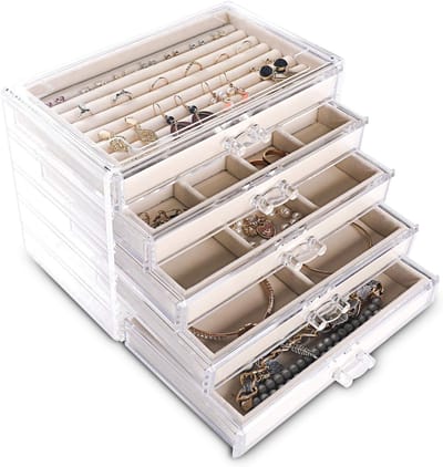 Extra grote acryl sieradenbox voor vrouwen en meisjes met 5 lagen, helder fluwelen oorbelorganizer en 5 lades voor ringen en kettingen (Beige)