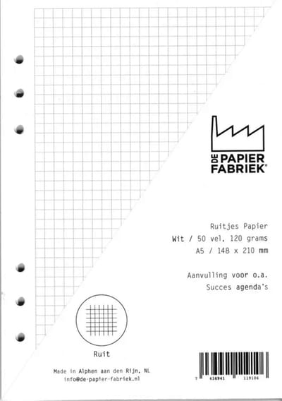 Aanvulling / Navulling A5 geschikt voor o.a. Filofax Clipbook of Vultera Losbladige Planners 50 Vel, 120g/m² Wit Ruitjes Papier
