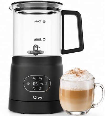 Olvy Melkopschuimer Glas - Elektrische Melkopschuimer 500W - 4-in-1 - Warm & Koud Schuim - 160 ml Melkschuim - 400 ml Warme Melk - Temperatuurdisplay - BPA & PFAS Vrij - Zwart