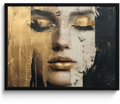 Poster in lijst - Fotolijst 80x60 cm - Posters - Abstract - Goud - Gezicht - Lippen - Posterlijst zwart - Decoratie - Wanddecoratie woonkamer - Muurdecoratie slaapkamer