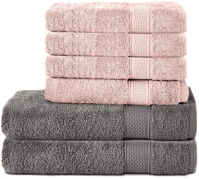 Komfortec Handdoekenset 4x handdoek 50x100 cm en 2x badhanddoek 70x140 cm - 100% Katoen - Antraciet&Bloesemroze