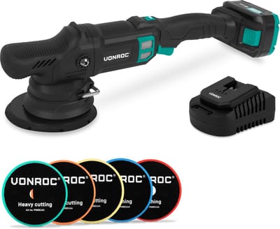 VONROC PRO Excentrische Polijstmachine 20V - Ø 150mm - Brushless motor – 7 snelheden (2000-5000/min) - Soft Start– Complete set incl. 4.0Ah Accu, Snellader en 5 Polijstschijven