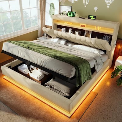 Tweepersoons Opbergbed met Hoofdeinde Opslag en LED-Verlichting (160x200cm)