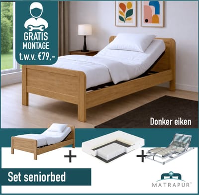 Seniorenbed Compleet elektrische set ledikant seniorenbed 90x200 cm eiken kleur + 42-lats Elektrisch Verstelbaar + Master Nasa traagschuim | 7 zone Pocketveer matras 90x200