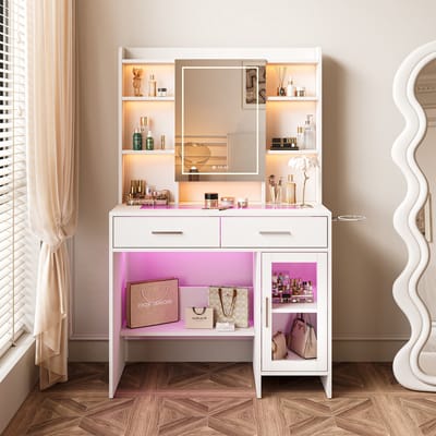 Kaptafel - met spiegel - 3-kleurige LED-verlichting - Make-uptafel - Stopcontact - USB-poort - 2 lades - Kast met planken - Transparant glazen tafelblad - Wit