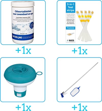 Zwembad Onderhoudspakket - Onderhoud Zwembad - bevat Chloor - Testrips - Chloordrijver en Schoonmaakset (4-delig)