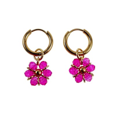 ∅14mm x 2mm Oorringen Dames - Verguld RVS - Fuchsia Gefacetteerde Kristallen Bloem Hanger - Bungelende Oorbellen