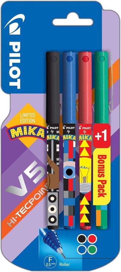 Pilot roller V-5 Mika, blister van 3+1 stuks gratis in geassorteerde kleuren
