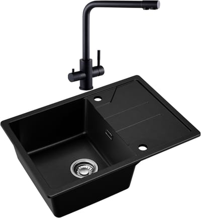 DERW MAX Spoelbak Keuken 65x45CM - Granieten Spoelbak Met 3 Wege Keukenkraan - Spoelbakken Keuken Zwart - Spoelbakken Met Afdruip - Opbouw Spoelbak