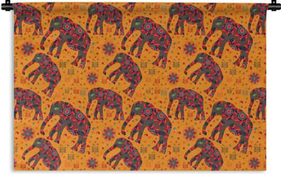 Wandkleed - Wanddoek - Olifant - Ornament - Bloemen - Patroon - 180x120 cm - Wandtapijt