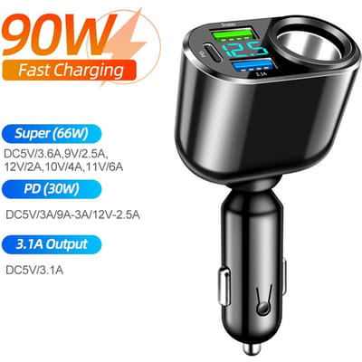 66W autoladeraansluiting PD QC3.0 snellader splitter dubbele USB-oplader type C-poorten met LED-display voedingsadapter