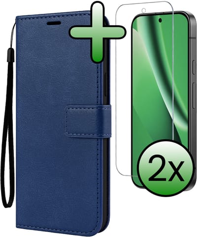 Hoesje Met 2x Screenprotector - Geschikt voor Google Pixel 10a - Luxe Pasjeshouder - Bookcase Portemonee - Flip Case - Kunstleer Book Case - Flipcase Hoes - Book Cover - Walletcase - Portemonneehoes - Donkerblauw